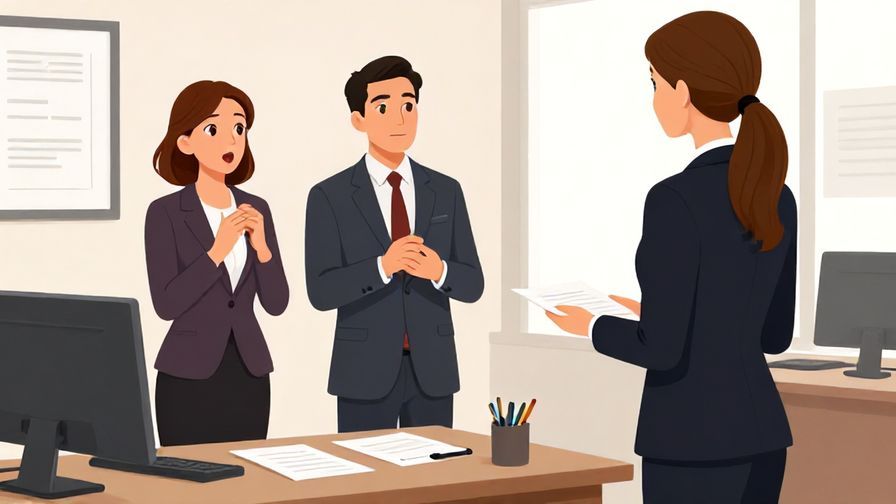 Illustration of two formally dressed colleagues in an office, one surprised as another politely enters, calm and elegant atmosphere