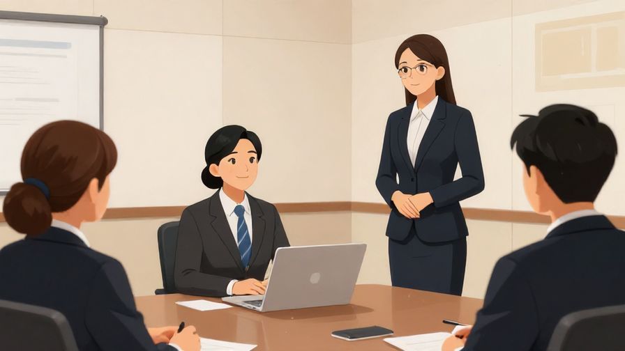 Illustration of two formally dressed individuals in a conference room, one smiling politely as another arrives, professional atmosphere