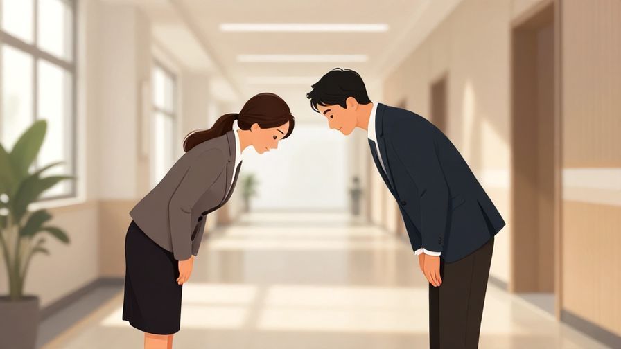 Illustration of two formally dressed people bowing politely in an office building hallway, gentle afternoon light, respectful expressions