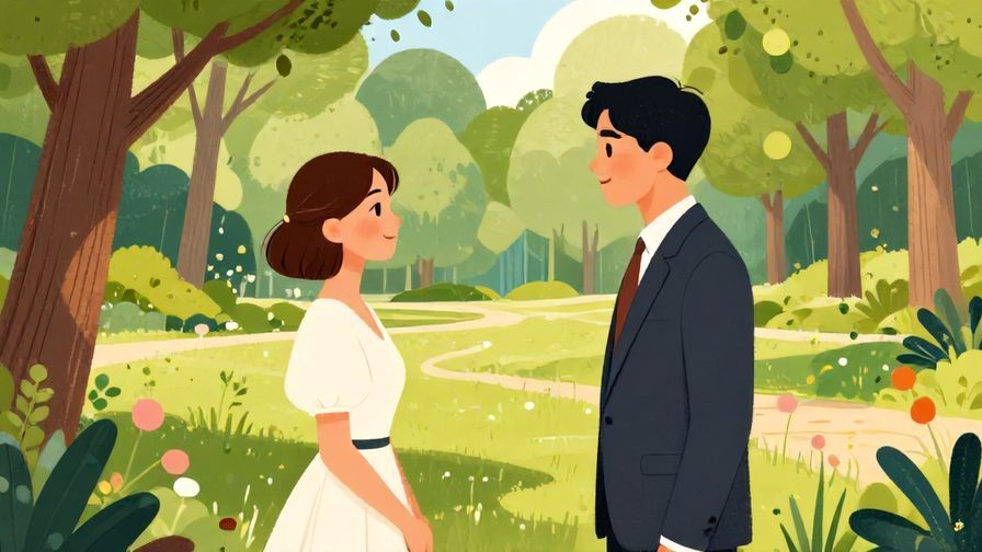 Illustration of two formally dressed people smiling and preparing to meet in a quiet park, detailed background, vibrant colors, illustrated style