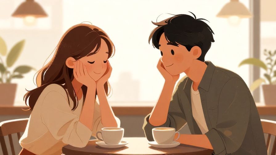 Illustration of two friends at a café smiling shyly, bright window light, soft shadows, relaxed atmosphere