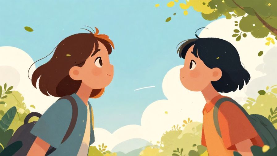Illustration of two friends chatting and looking curiously at the sky, gentle breeze moving leaves, soft afternoon light, vibrant colors