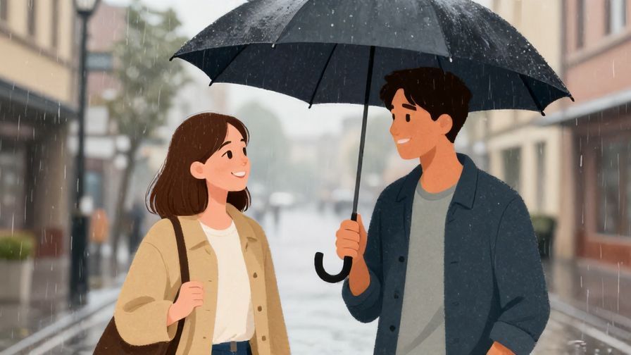 Illustration of two friends chatting and smiling under a shared umbrella on a rainy street, casual clothes, relaxed vibe