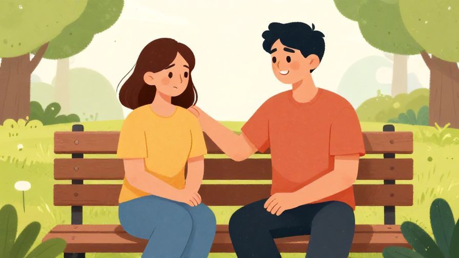 Illustration of two friends chatting at a park bench, one with a disappointed expression and the other offering a comforting smile, vibrant colors and soft dots in background