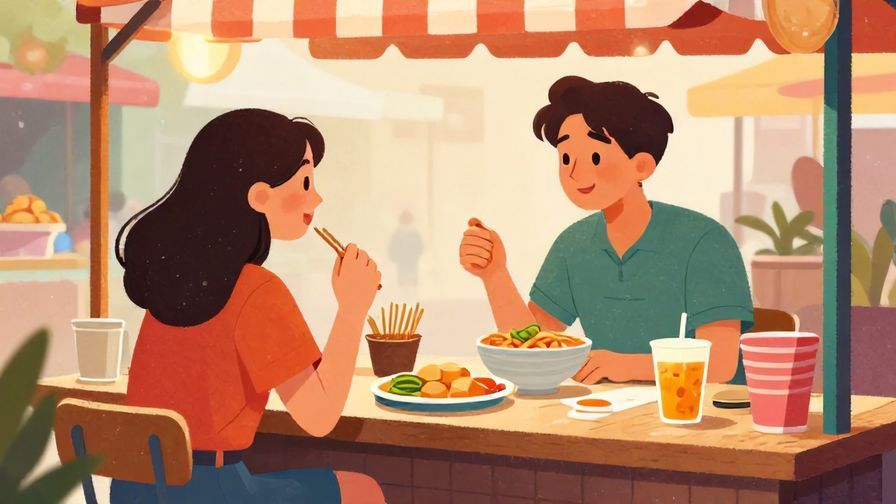 Illustration of two friends chatting casually at a food stall, relaxed atmosphere with colorful street food