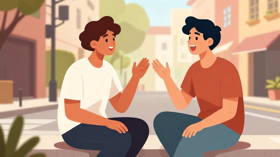 Illustration of two friends chatting casually on a street corner, one gesturing excitedly, bright urban vibe