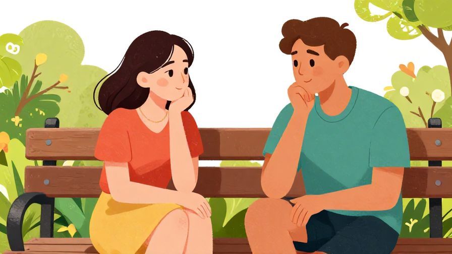 Illustration of two friends chatting casually on a bench, one nodding thoughtfully, informal atmosphere, vibrant colors, illustrated style