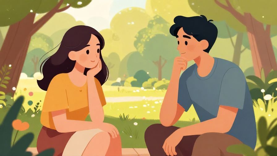 Illustration of two friends chatting casually, one thoughtfully nodding, sunny park setting