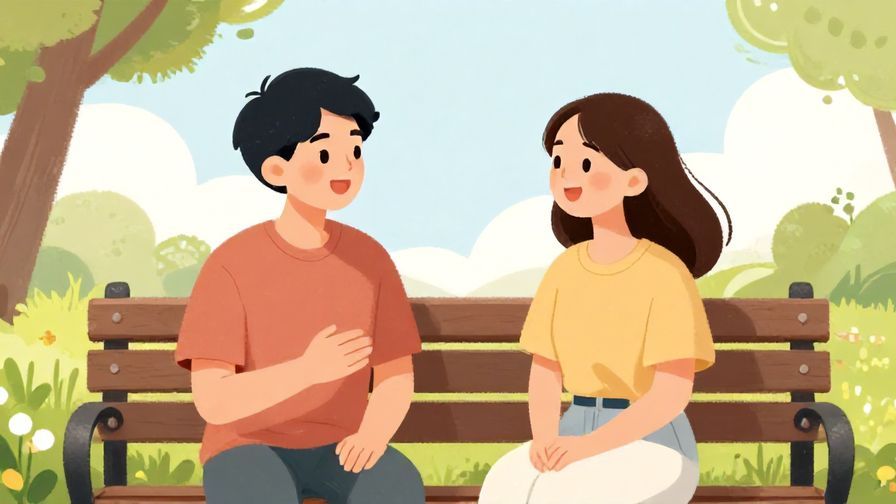 Illustration of two friends chatting happily at a park bench, friendly expressions, soft pastel background, illustrated style