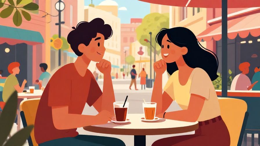 Illustration of two friends chatting happily at a café terrace in the afternoon, sun casting warm light, lively and colorful urban backdrop