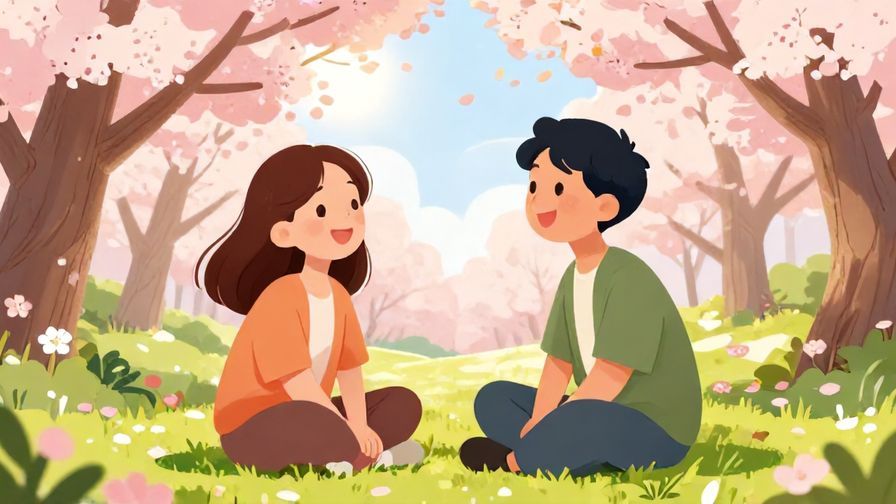 Illustration of two friends chatting happily in a park under cherry blossoms, sunlight filtering through, with bright, cheerful expressions