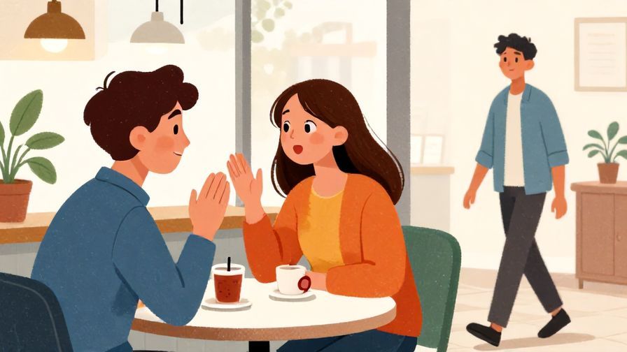 Illustration of two friends chatting happily in a café, one looking surprised as the third friend walks in, bright colors, illustrated style