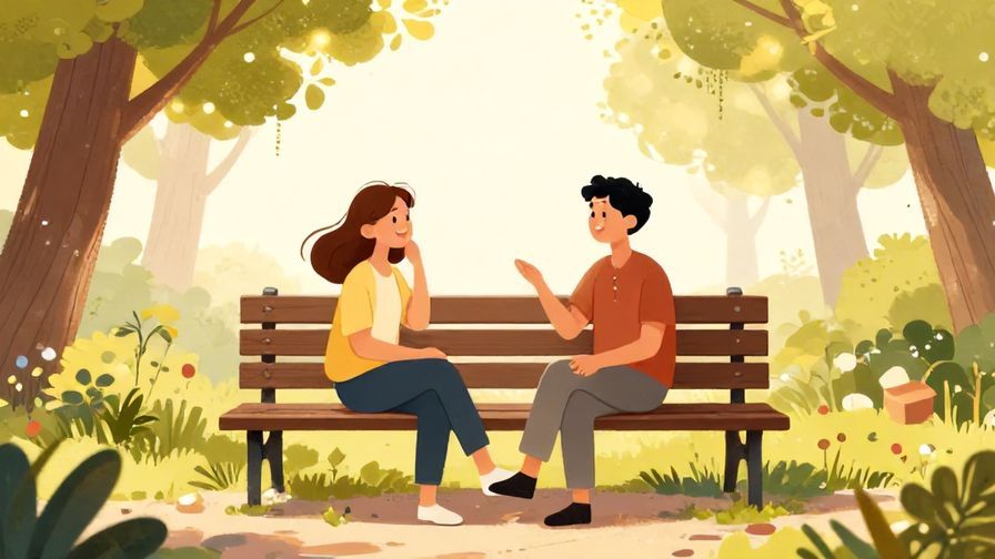 Illustration of two friends chatting happily on a park bench with sunlight filtering through trees, warm atmosphere, illustrated style