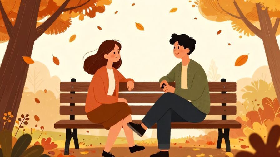 Illustration of two friends chatting happily on a park bench with falling autumn leaves around, warm atmosphere, vibrant colors, illustrated style
