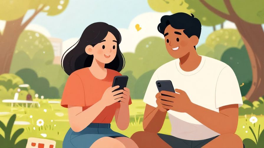 Illustration of two friends chatting happily on phones, casual park background with sunshine