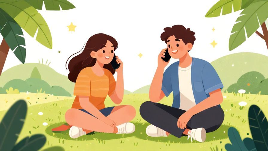 Illustration of two friends chatting happily on the phone in a sunny park, surrounded by palm leaves and stars