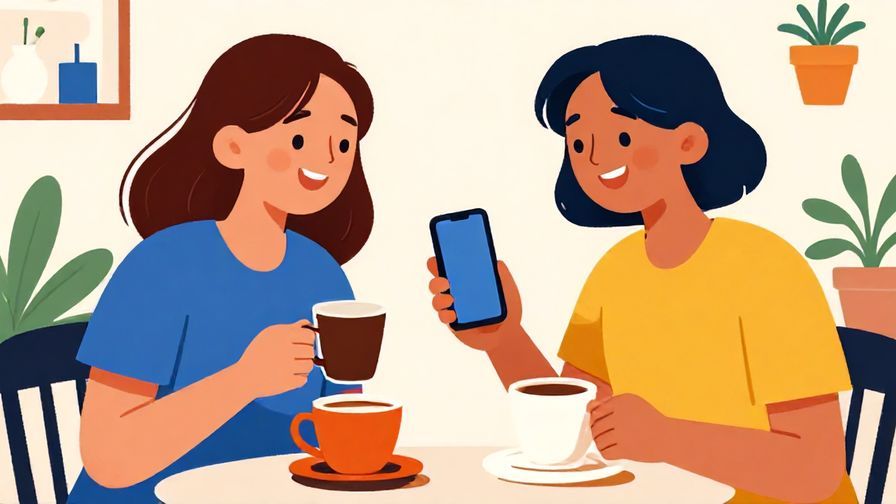 Illustration of two friends chatting happily over coffee, one showing their phone, vibrant colors, illustrated style