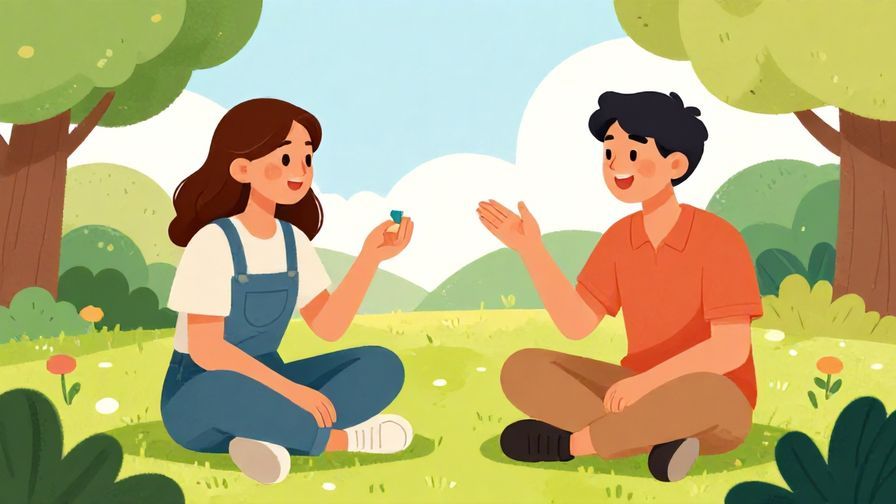 Illustration of two friends chatting in a park, one holding a small item and the other smiling while explaining, lively and colorful