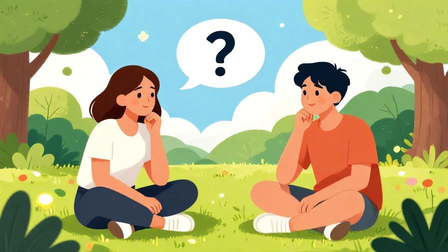 Illustration of two friends chatting in a park, one looks thoughtful with a speech bubble of a question mark, bright sunny day, vibrant colors