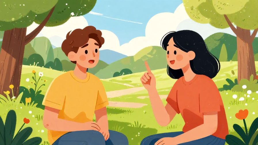 Illustration of two friends chatting in a park, one looking surprised and the other gently raising a finger as a reminder, bright sunny day, vibrant colors, illustrated style