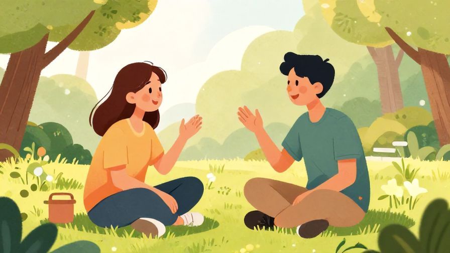 Illustration of two friends chatting in a park, one gesturing with excitement as if recalling something, with soft trees and sunlight