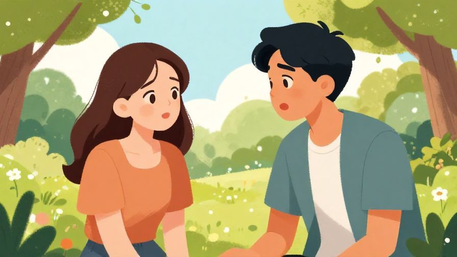 Illustration of two friends chatting in a park, one leaning in with a shocked expression, bright sunny day with greenery