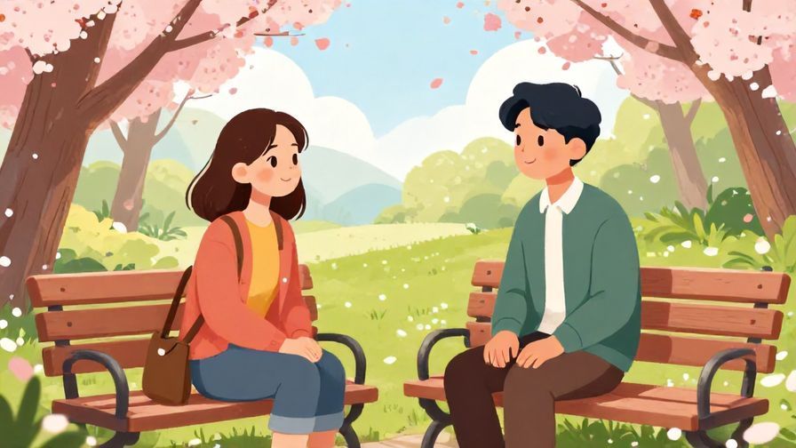Illustration of two friends chatting in a park, one raising an eyebrow, the other smiling skeptically, with cherry blossoms and benches around