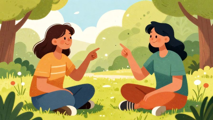 Illustration of two friends chatting in a sunny park, one pointing at an object with curiosity, smiling faces, vibrant colors, illustrated style