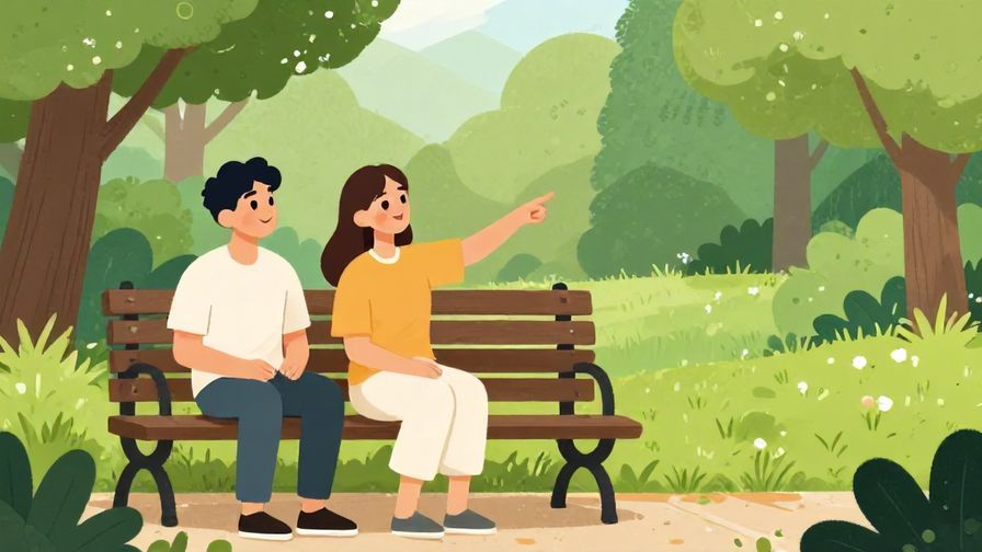 Illustration of two friends chatting on a park bench with one pointing ahead as if explaining directions, detailed greenery background