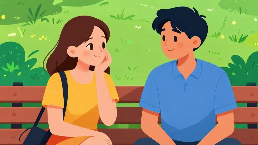 Illustration of two friends chatting, one tilting head with a curious smile, park bench background, vibrant colors