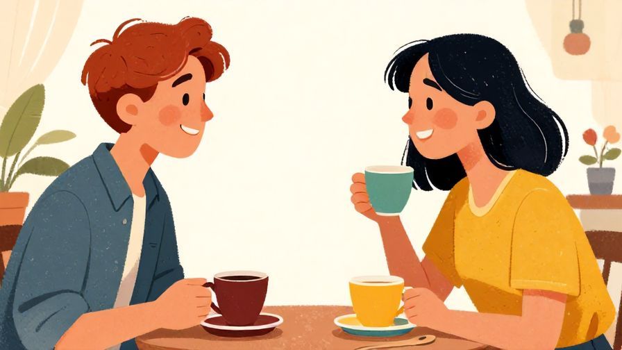 Illustration of two friends chatting over tea with warm smiles, casual and friendly atmosphere, vibrant colors, illustrated style