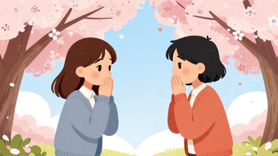 Illustration of two friends chatting under cherry blossoms, one nodding knowingly, symbolizing mutual acceptance, bright colors, illustrated style