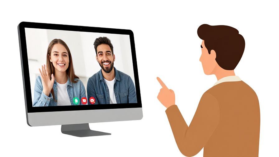 Illustration of two friends chatting via video call, one pointing to their side of the screen while asking a question