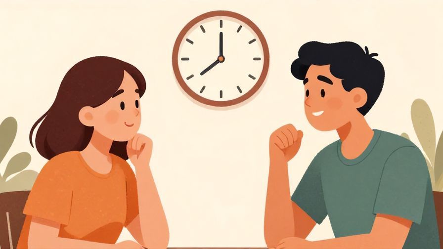 Illustration of two friends chatting with a clock in the background, casual and warm colors, relaxed vibe