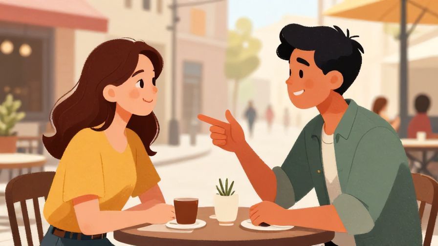 Illustration of two friends chatting with one emphasizing a point with a friendly smile, street café background