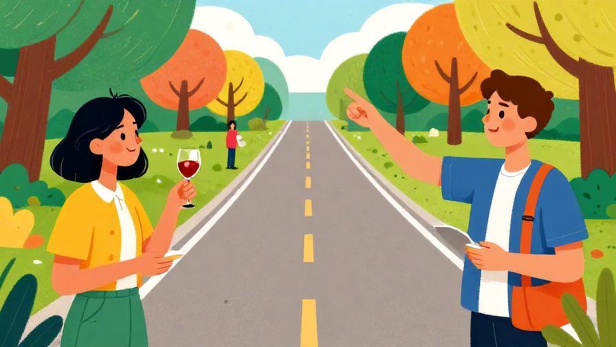Illustration of two friends chatting with one pointing ahead down a long, straight road, lively park background, vibrant colors, illustrated style