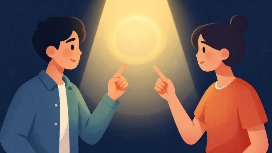 Illustration of two friends chatting with one pointing at a bright spotlight shining on an object, symbolizing clarity, vibrant colors, illustrated style