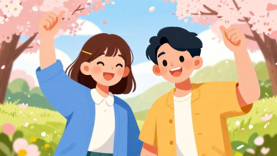 Illustration of two friends cheering each other on with bright smiles and thumbs up in a sunny outdoor setting with cherry blossoms around, vibrant and warm colors