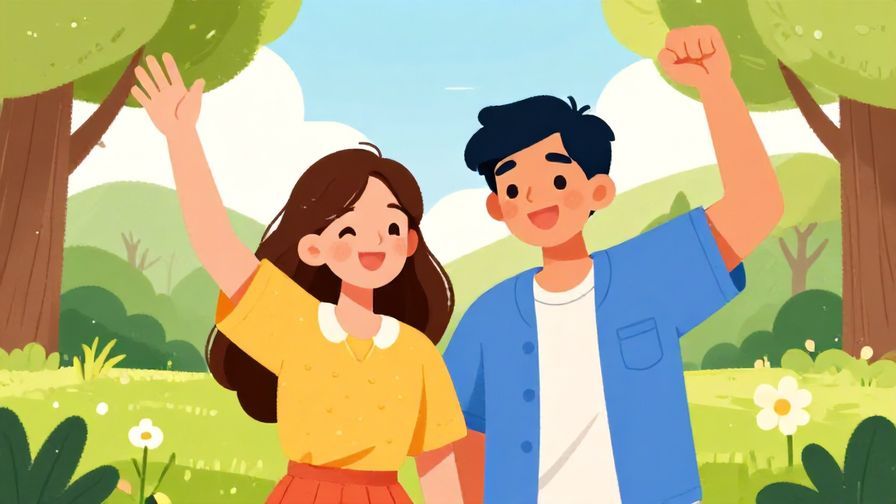 Illustration of two friends cheering each other on with bright smiles and energetic poses, a sunny park background, vibrant colors, illustrated style