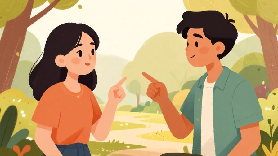 Illustration of two friends debating, one pointing firmly while the other listens, park background, warm colors, illustrated style