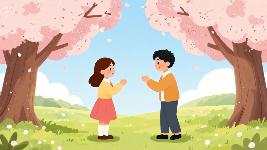 Illustration of two friends exchanging a playful prank under cherry blossom trees, symbolizing lighthearted karma and payback, bright colors