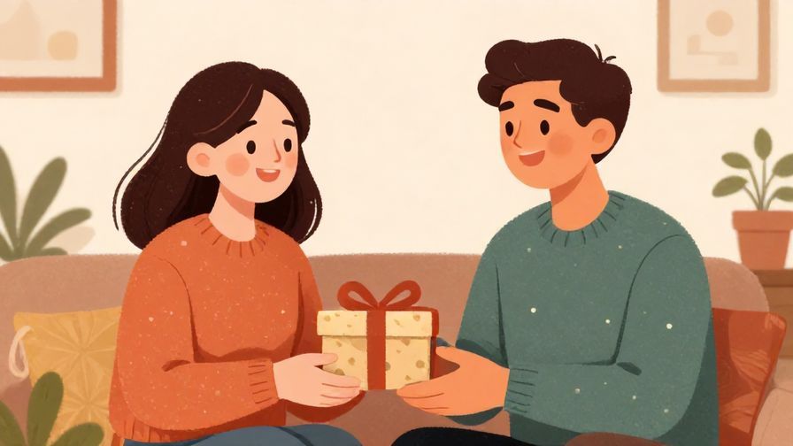 Illustration of two friends exchanging gifts with matching smiles, cozy home setting, warm colors, illustrated style