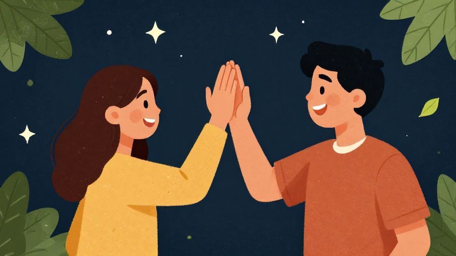 Illustration of two friends exchanging high fives with smiling faces, a festive background with floating leaves and stars