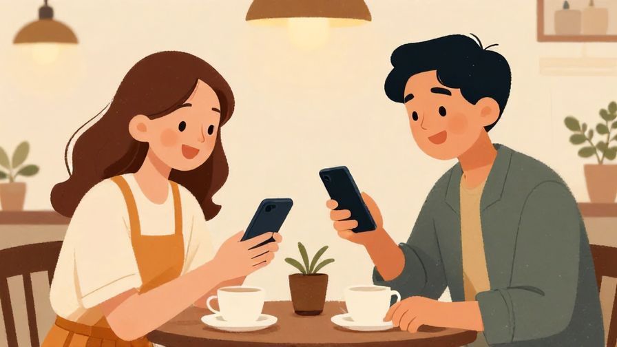 Illustration of two friends exchanging phones with cheerful expressions in a cozy café