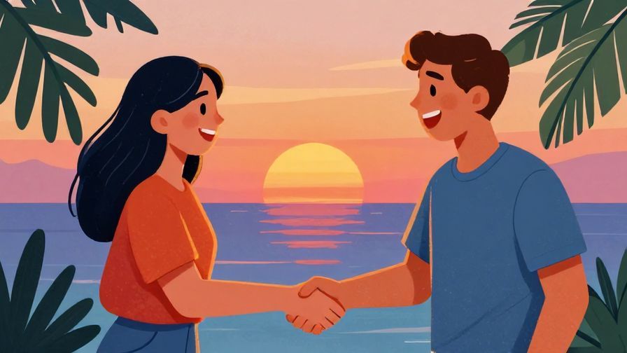 Illustration of two friends excitedly shaking hands with a colorful sunset and palm leaves in the background, vibrant colors, illustrated style
