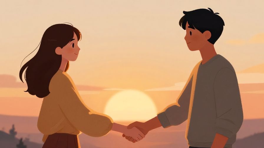 Illustration of two friends extending hands for a handshake with a warm sunset sky behind, soft glow, and peaceful expressions