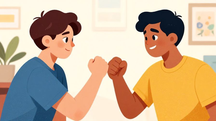 Illustration of two friends fist bumping confidently after making a decision, casual setting with bright colors, detailed background, illustrated style