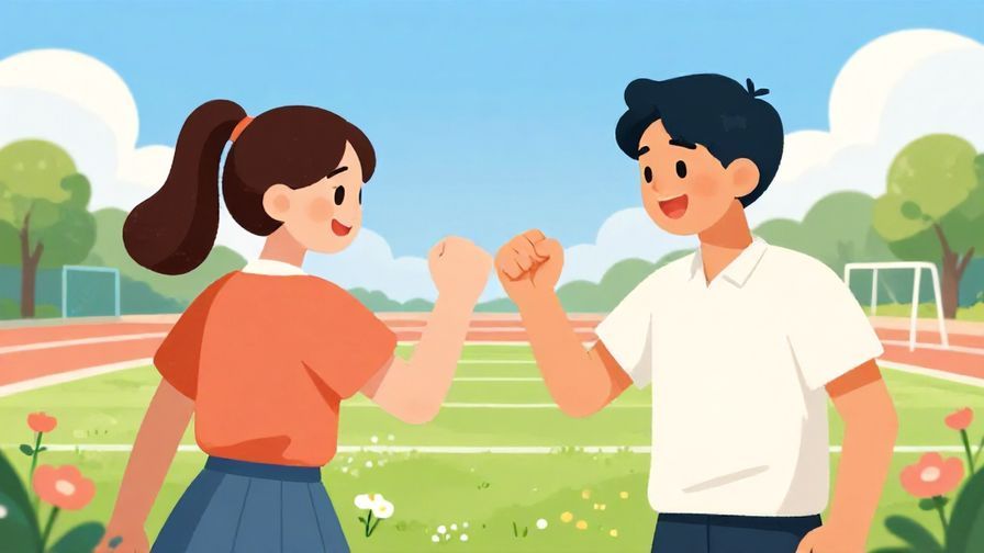 Illustration of two friends fist bumping enthusiastically in a bright sports field, surrounded by blooming flowers and clear blue sky