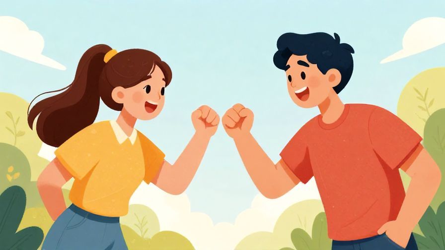 Illustration of two friends fist-bumping excitedly before starting a game, bright and lively atmosphere
