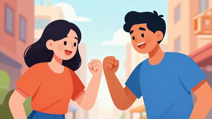Illustration of two friends fist-bumping with energetic expressions, urban background, vibrant colors